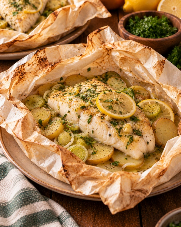 Pescado empapelado con papas
