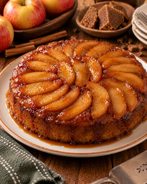 Pastel volteado de manzana