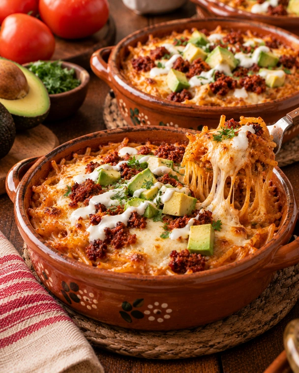 Fideo seco en cazuelitas con chorizo dorado y queso