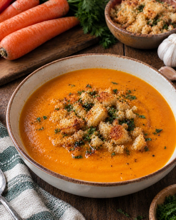 Crema de zanahoria rostizada con migas de bolillo al ajo