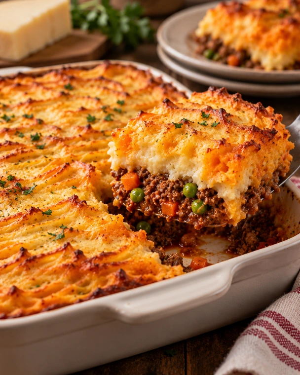 Pastel de picadillo con puré de papa y camote