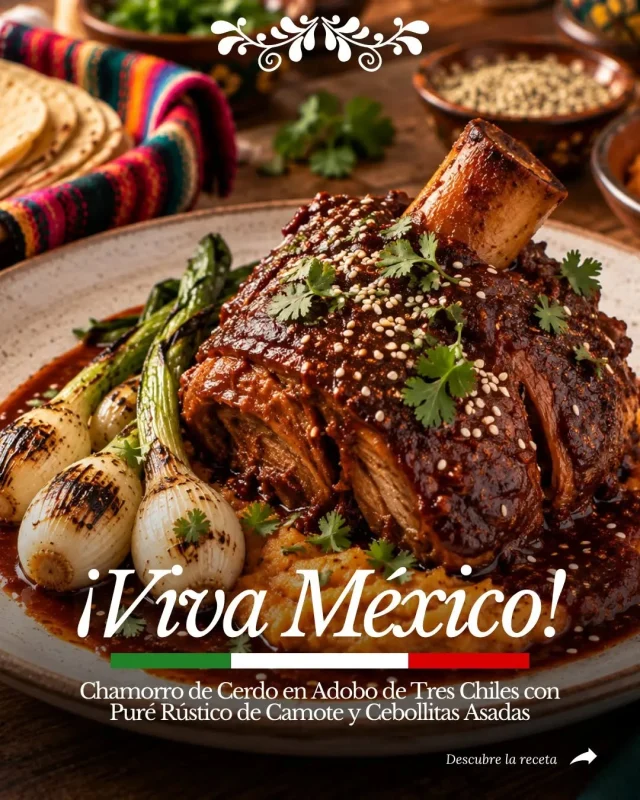 Hay platos que necesitan tiempo… y cada minuto vale la pena. 🇲🇽❤️Este Chamorro de Cerdo en Adobo de Tres Chiles se cocina lentamente hasta quedar increíblemente suave y jugoso, bañado en una salsa profunda preparada con chile guajillo, ancho y pasilla. 🌶️✨Lo acompañamos con puré rústico de camote y cebollitas cambray asadas, creando ese delicioso contraste entre lo especiado, lo ligeramente dulce y lo ahumado.Una receta para cocinar sin prisas y disfrutar alrededor de la mesa. ❤️👇 ¿Te gustaría preparar este chamorro en casa? Cuéntame en los comentarios y encuentra la receta completa en mi página web. ¡El enlace está disponible en mis Historias!¡Seguimos celebrando los sabores de México! 🇲🇽❤️La mesa está puesta, solo me faltas tú. ❤️
